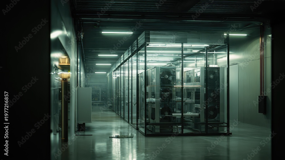 Naklejka premium Server racks standing within glass enclosures inside a secure, well lit data center facility, creating an industrial environment that supports global technology and information processing