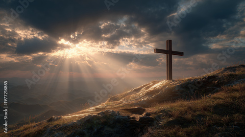 Golden Cross: A wooden cross stands atop a hill, bathed in heavenly light that filters through the clouds, symbolizing faith and hope against a dramatic sky.