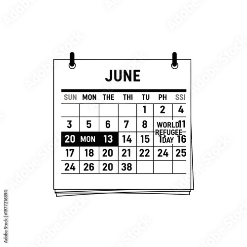 June Calendar Page with World Refugee Day Highlighted