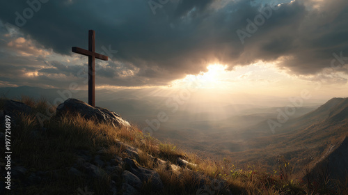 Celestial Cross Silhouette: A solitary cross stands silhouetted atop a rocky peak, bathed in ethereal sunlight piercing through dramatic, overcast skies, radiating hope.
