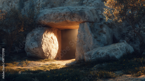 Stone Shelter's Light: A mysterious stone structure stands bathed in ethereal light, its ancient stones whispering tales of time's passage. A scene that stirs curiosity and invites contemplation.