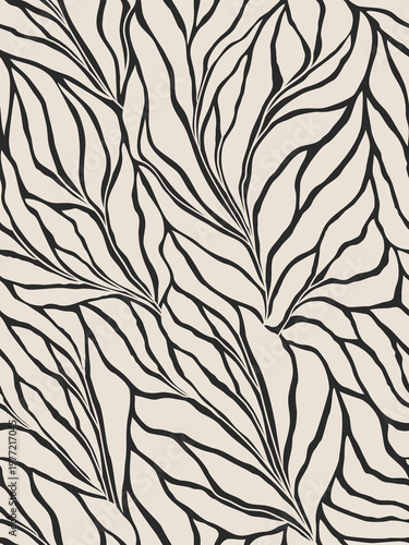 Seamless black and grey floral background with leaves. Hand drawn minimal abstract organic shapes pattern. Vector black abstact pattern with grey leaves. Monochrome