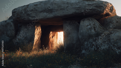 Ancient Passage to Dawn: A majestic dolmen stands sentinel, its weathered stones framing a mystical entrance, where the morning light heralds a new day and ignites a sense of wonder and antiquity.
