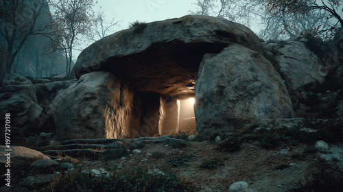 Ancient Chamber in Twilight: A mysterious, aged stone chamber, weathered by time, stands enveloped in twilight, beckoning with an inviting, illuminated entryway.