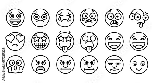 Diverse Set of Black Outline Emojis and Emoticons Displaying Various Human Feelings