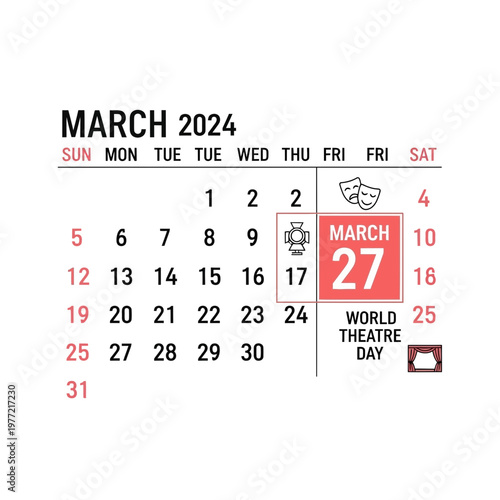 March 2024 Calendar - World Theatre Day on March 27th, Theater Masks Icon