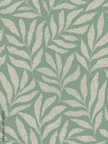 Seamless abstract green and grey foliage poster vector. Leaves, organic shapes, earth tone colors, leaf branch. Illustration design for Eco packaging, interior, cover,  wallpaper, market. Monochrome
