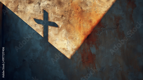 Shadow of faith: A stark shadow of a cross falls upon a textured wall, highlighting the intersection of light and shadow, the image encapsulates the essence of faith.