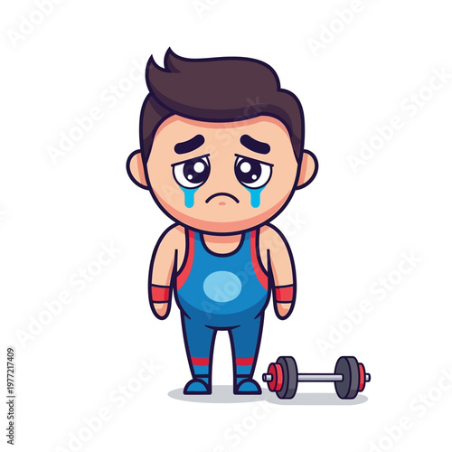 Sad Cartoon Wrestler Crying Next to Dumbbell, Fitness Failure Concept