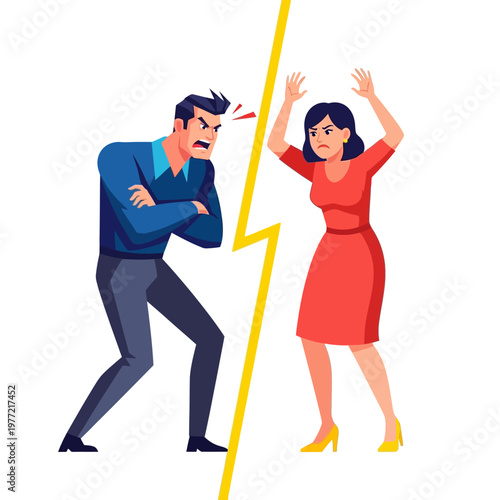 Angry couple arguing, relationship conflict, emotional disagreement, stress, fight, isolated on white background