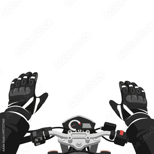 Motorcycle rider's hands on handlebars, first-person view, white background
