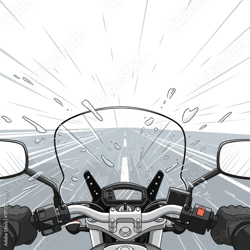 Motorcycle rider's perspective, speed, and motion blur on open road