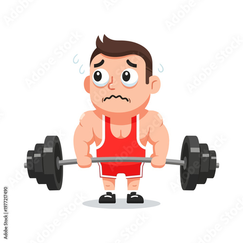 Struggling Cartoon Man Lifting Heavy Barbell Weight, Gym Workout Effort