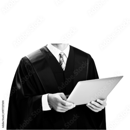 A person dressed in a formal judicial robe holding and reading a document. The face is not visible, focusing attention on the attire and the act of reviewing the paper. The halftone dot style gives th