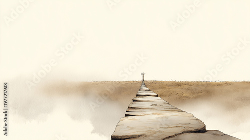 Pathway to Discovery: An elevated stone path stretches into the distance, guiding the viewer's eye towards an unknown destination, enveloped in a tranquil mist and bathed in soft light.