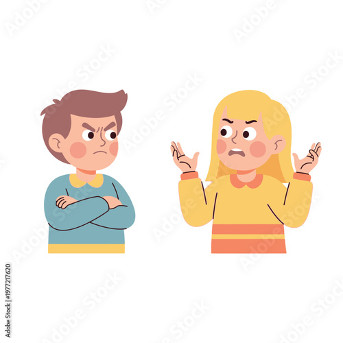Angry kids arguing, boy and girl with frustrated expressions, conflict illustration