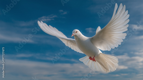 Soaring White Dove: A pristine white dove gracefully takes flight against a cerulean sky, its wings spread wide in a symbol of peace and freedom.