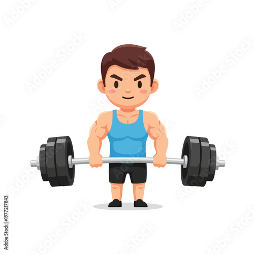 Cartoon man lifting barbell, strong bodybuilder, fitness and workout concept