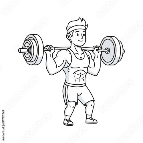 Cartoon Man Lifting Barbell, Muscular Bodybuilder Exercising, Fitness and Strength Training