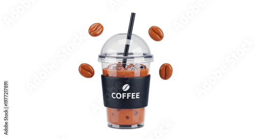 Vector illustration of iced coffee in a plastic cup with a straw and coffee beans on a transparent background