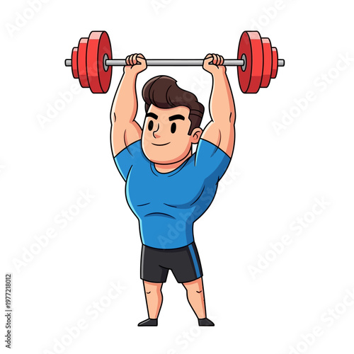 Cartoon Man Lifting Heavy Barbell Overhead, Muscular Bodybuilder Fitness Exercise