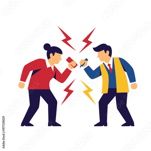 Business conflict: Man and woman arguing with pens and red phone, lightning bolts