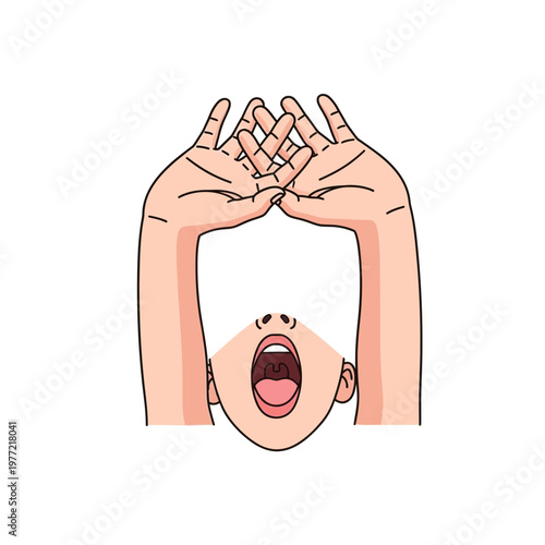 Person looking up with open mouth and hands framing face, surprised expression, isolated on white.