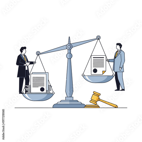 Businessmen Balancing Documents on Scales of Justice with Gavel