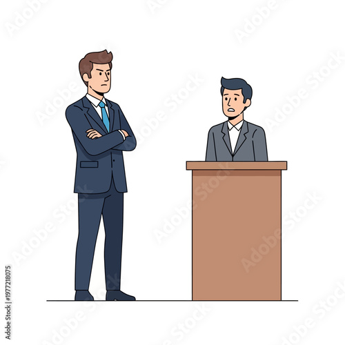 Businessmen Disagreement, One Stands Confident, Other Anxious at Podium