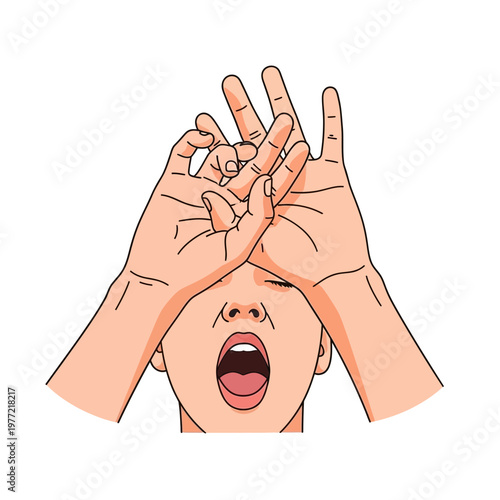Person yawning with hands covering face, exhaustion, fatigue, sleepiness, white background