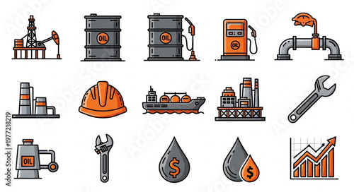 Oil Industry Icons - Depicting Petroleum Production and Economic Growth.