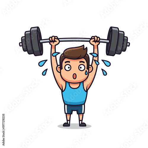 Cartoon man struggling to lift heavy barbell, sweating and showing exertion, fitness concept