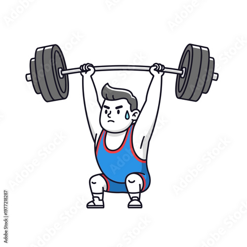 Cartoon weightlifter lifting heavy barbell overhead in squat position