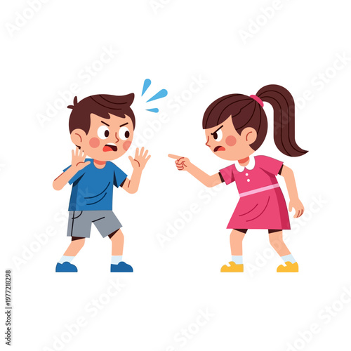 Children arguing, boy and girl in conflict, sibling dispute, disagreement illustration