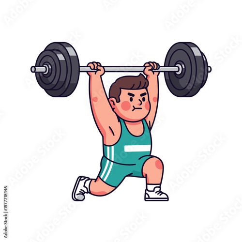 Chubby weightlifter lifting heavy barbell overhead in athletic pose, cartoon character