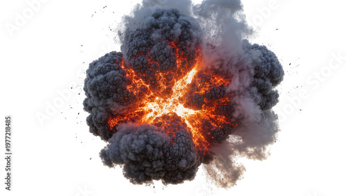 Slika na platnu Fiery orange explosion with dark grey smoke, isolated on transparent background