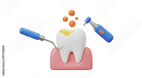 Vector illustration of 3d illustration of a tooth being treated with dental tools on a transparent background
