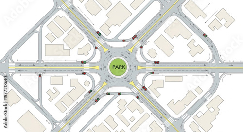 Aerial View of a Modern Roundabout with Park in the Center.