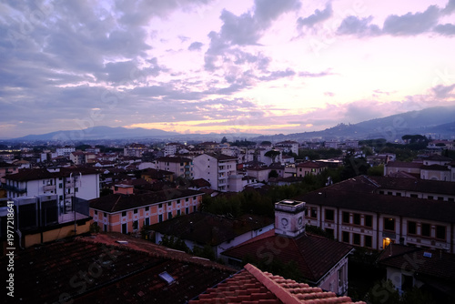 High-angle view of Montecatini Terme townscape at twilight, Italy