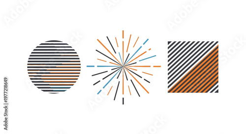 Geometric shapes with colorful stripes.