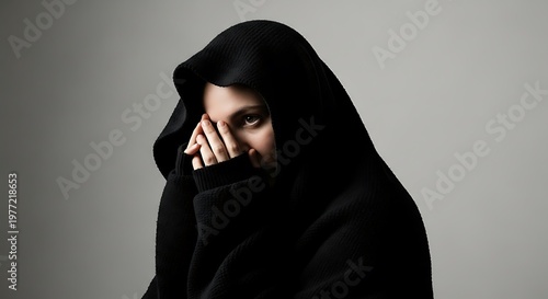 Mysterious Woman in Black Hood Hiding Face with Hands.