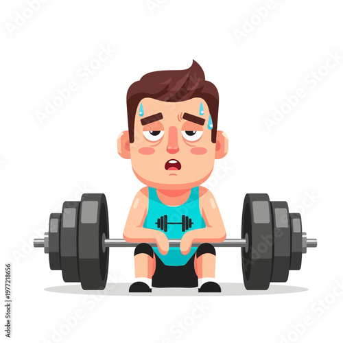 Exhausted Man Sitting with Barbell After Intense Weightlifting Workout