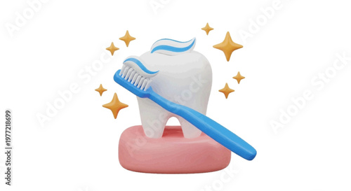 Vector illustration of 3d render of a clean white tooth with a toothbrush and toothpaste on a transparent background