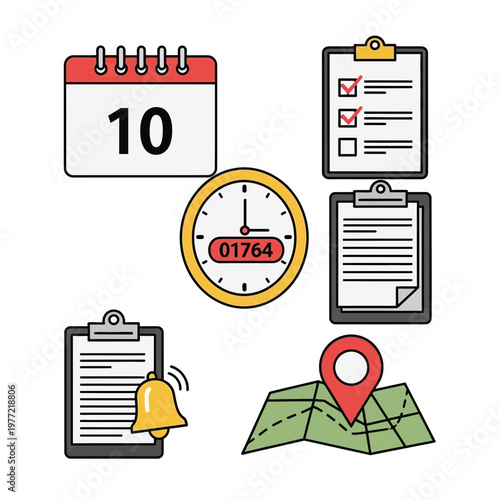 Time Management Icons: Calendar, Clock, Checklists, Map Pin, and Alarm Bell