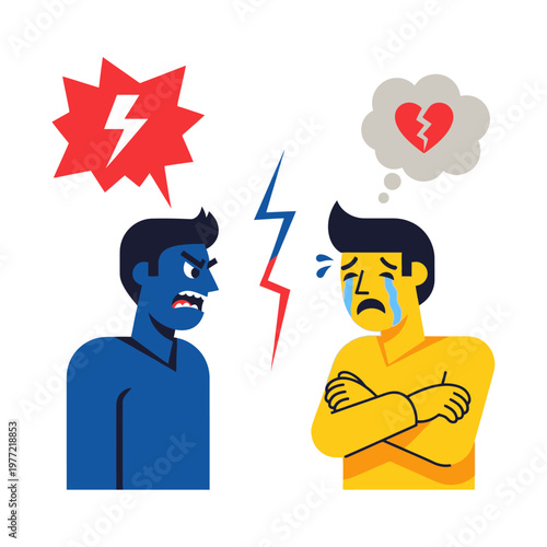 Couple arguing, one angry, one sad with broken heart symbol