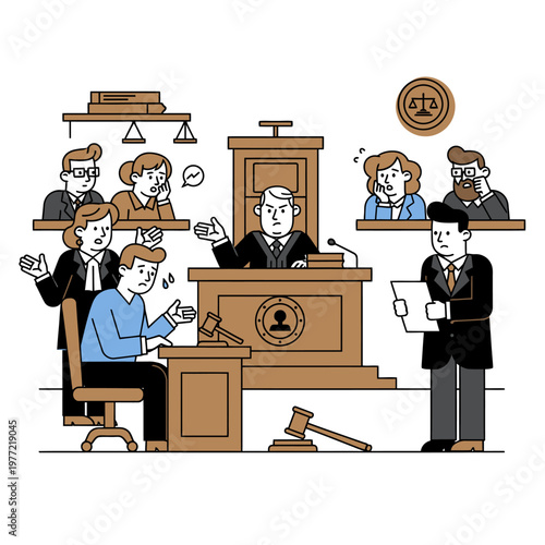 Courtroom Drama: Judge Presides Over Anxious Trial with Lawyers and Defendant
