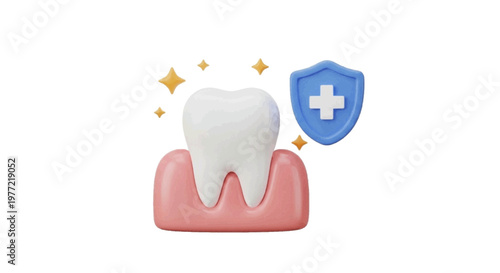 Vector illustration of 3d render of a healthy tooth with gums and a medical shield on a transparent background