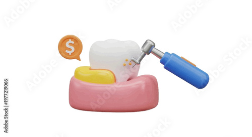 Vector illustration of 3d illustration of a dental drill cleaning a tooth with a dollar sign icon on a transparent background