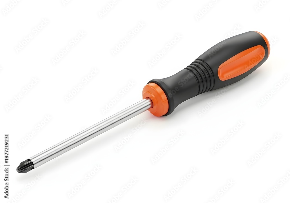 Fototapeta premium A screwdriver with an orange and black handle is presented, serving as a practical instrument utilized for fastening screws and essential in various repair and construction tasks, demanding