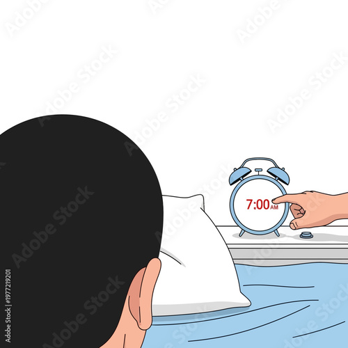 Waking Up Early: Person Silenced Alarm Clock at 7:00 AM in Bed